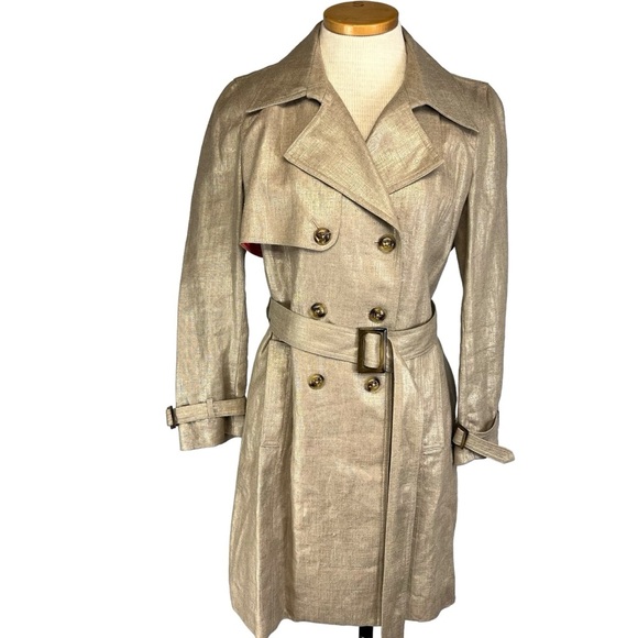 Dana Buchman Double Breasted Car Length Linen Trench Coat Women 4 in Gold Finish - Picture 1 of 11